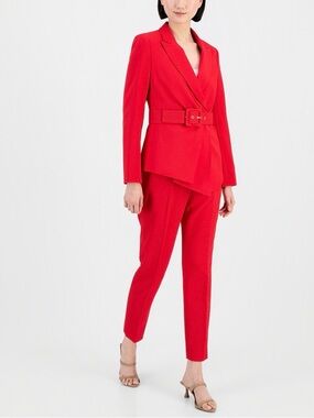 Women's Belted Asymmetrical Jacket & Slim-Fit Pantsuit Set Size 14
